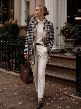 INVESTMENTS CAMEL TRIMMED BLACK WHITE HOUNDSTOOTH CARDIGAN JACKET SWEATER SZ M